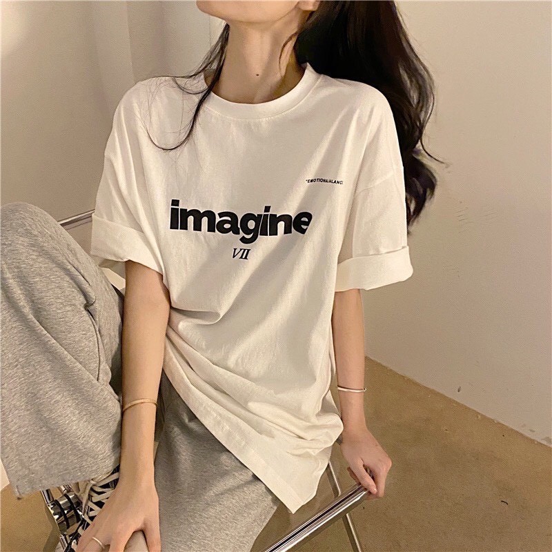 Áo thun nam nữ tay lỡ cổ tròn Imagine vải Cotton co giãn, dày dặn, form rộng - Sammy Shop 96