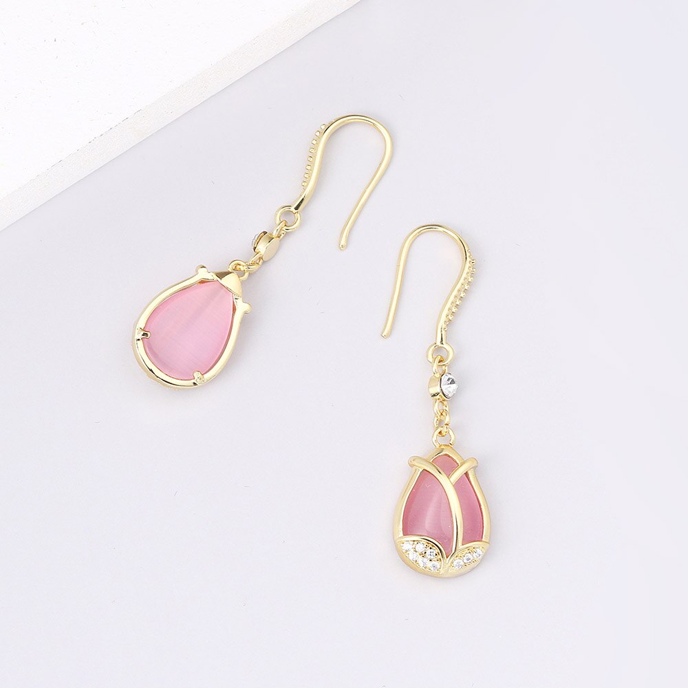 ZHOUYANG Bông tai thả cổ điển cho phụ nữ Phong cách Hàn Quốc Màu hồng hồng Opal Xỏ khuyên Bông tai Đám cưới Món quà Giáng sinh Bán buôn đồ trang sức E047