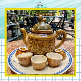 Bộ bình trà gốm lái thiêu, 5 tách bầu nhỏ và 1 dĩa đựng bình- Vườn Nhà Gốm