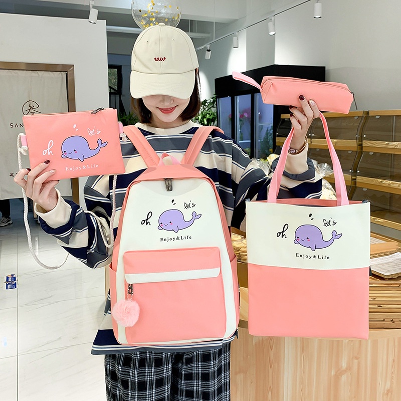 Balo 4 Món Ulzzang học sinh sinh viên laptop giá rẻ cấp 1 2 3 - Set balo 4 món cá voi