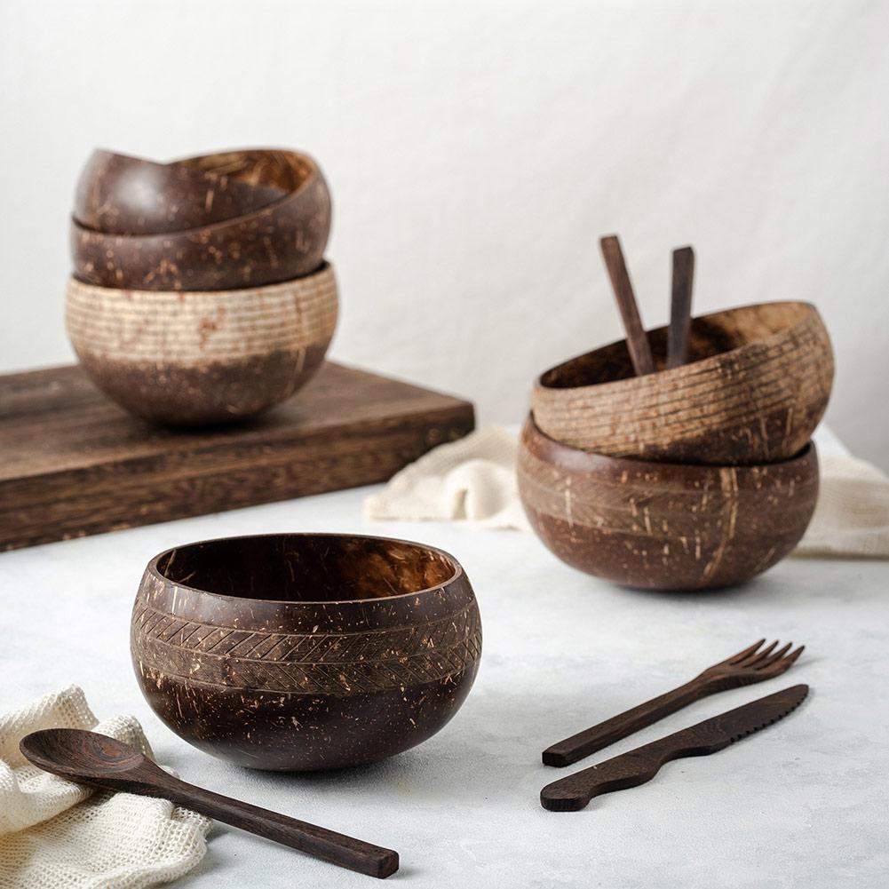 Bát gáo dừa ECOHUB khắc hoa văn, 3 mẫu. (Coconut Bowls Family Set) | EH012