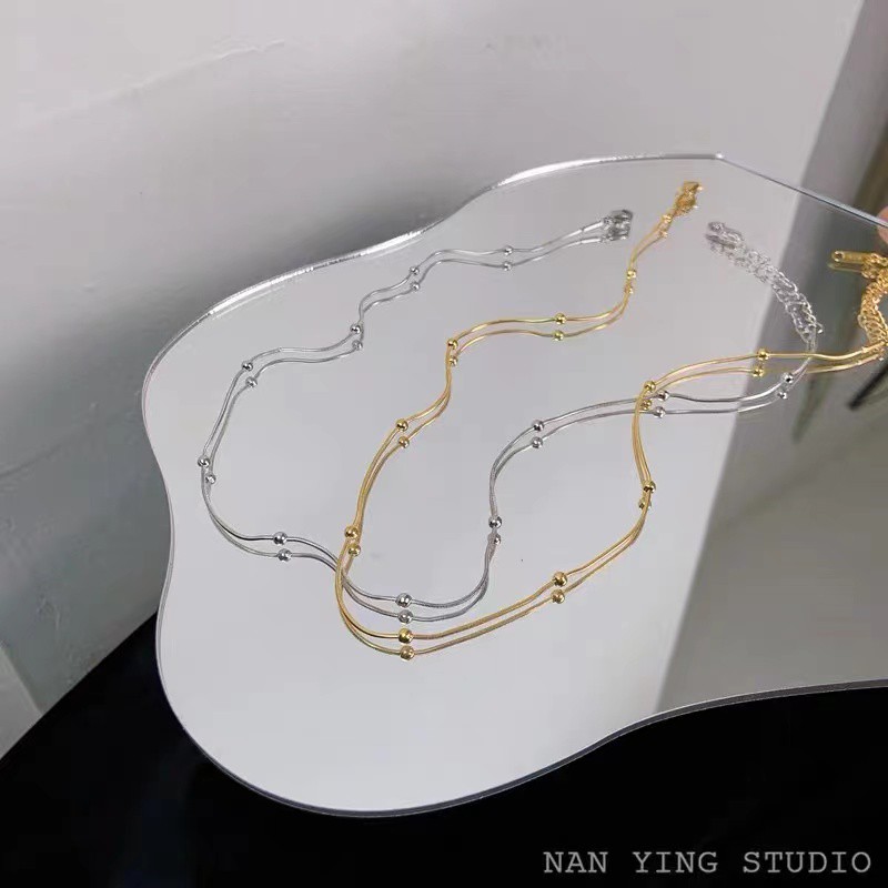 Dây chuyền thép titan mạ vàng hồng 18k đính hạt tròn phong cách âu mỹ chống thấm nước chống dị ứng không phai màu