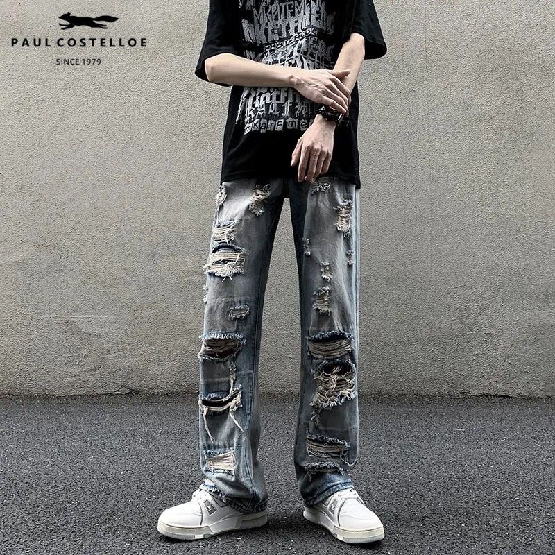 Quần Jeans Dài Phối Vết Rách Cá Tính Thời Trang Âu Mỹ Cho Nam