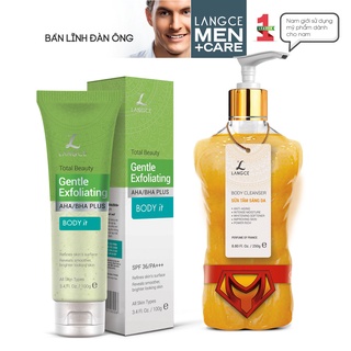 Bộ Gel Tắm Vàng 24K Sáng Da 250g + Tẩy Tế Bào Chết AHA/BHA+ BODY it - Toàn Thân 100g BS LANGCE dành cho Nam