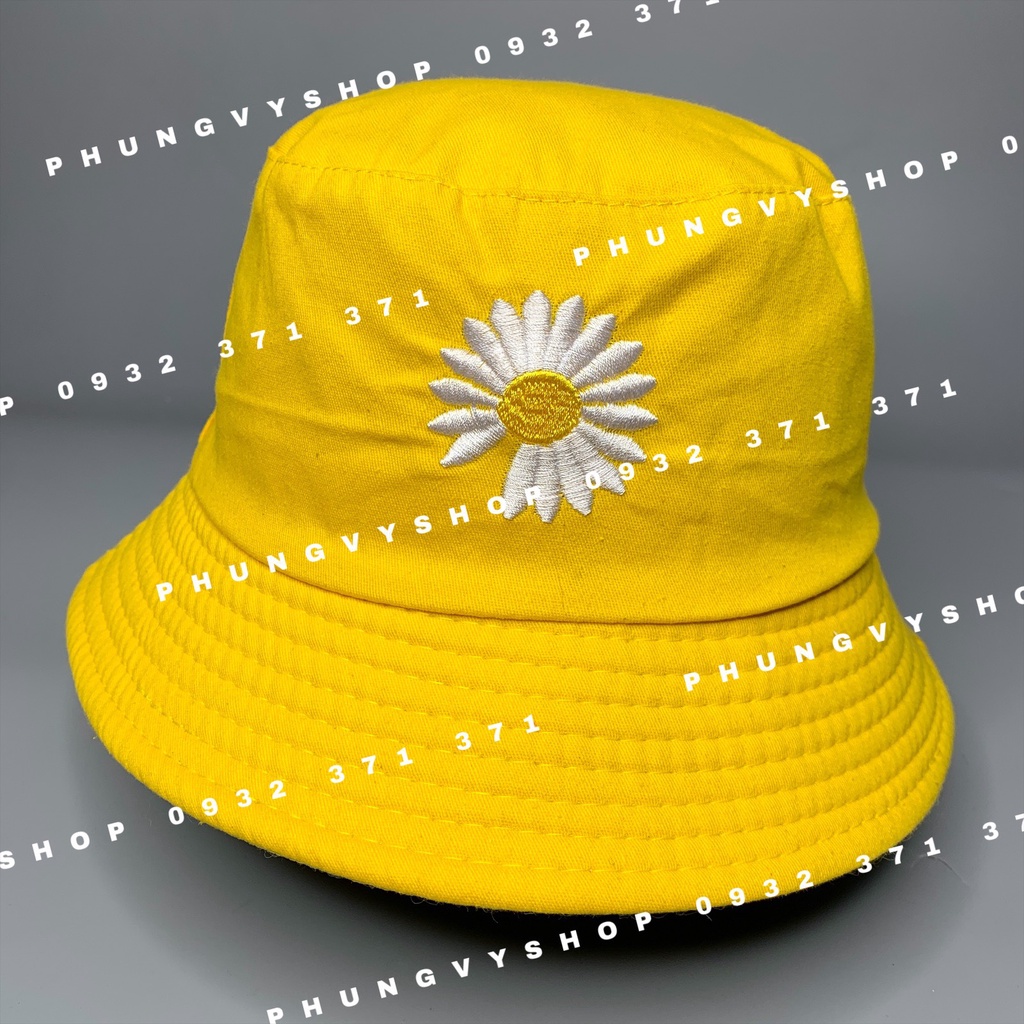 Mũ bucket MỘT MẶT thêu Hoa cúc thiếu cánh- nón tai bèo vành