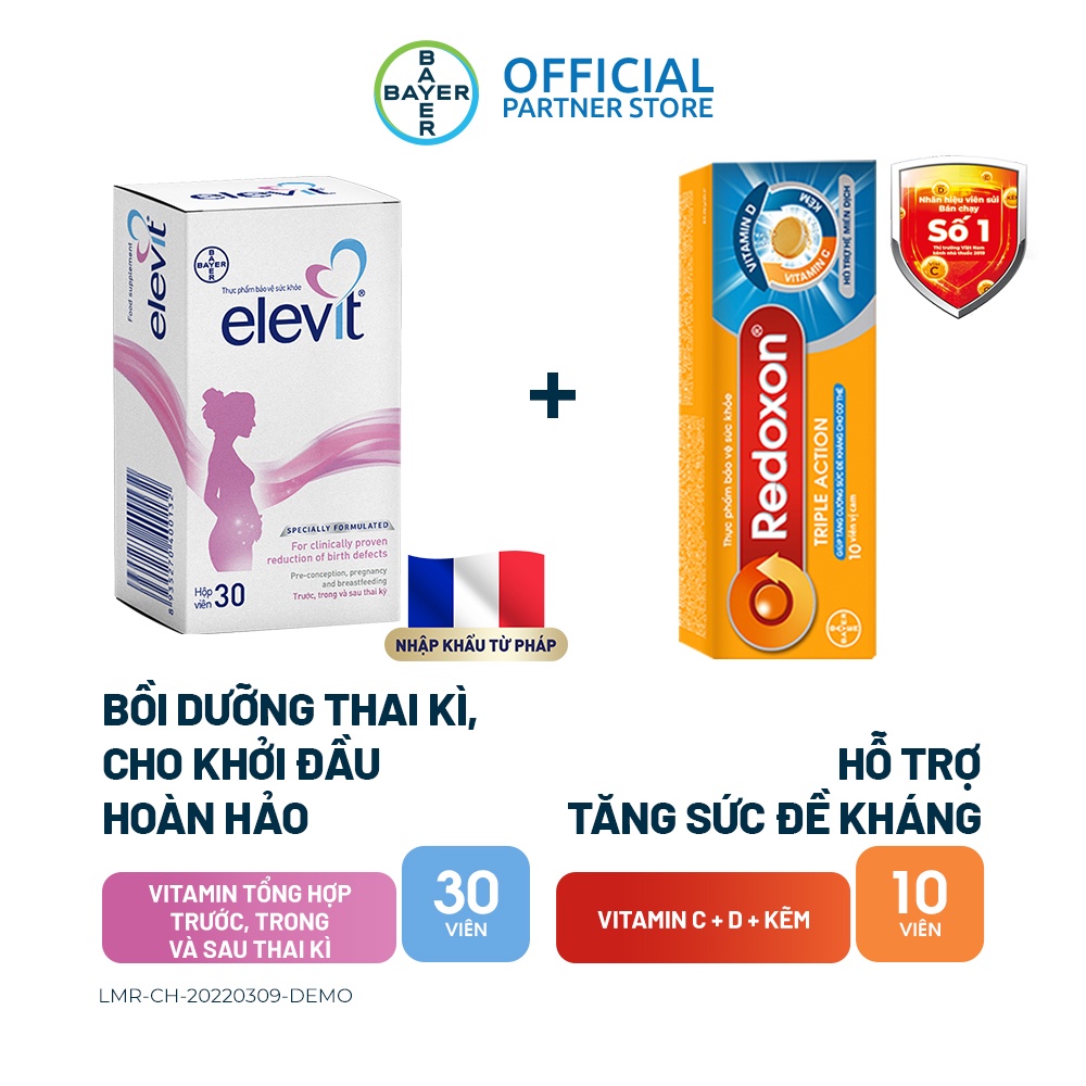 Combo Vitamin Bầu Tổng Hợp Elevit Cho Phụ Nữ Trước, Trong và Sau Thai Kỳ 30 Viên + Viên sủi Redoxon 10 Viên