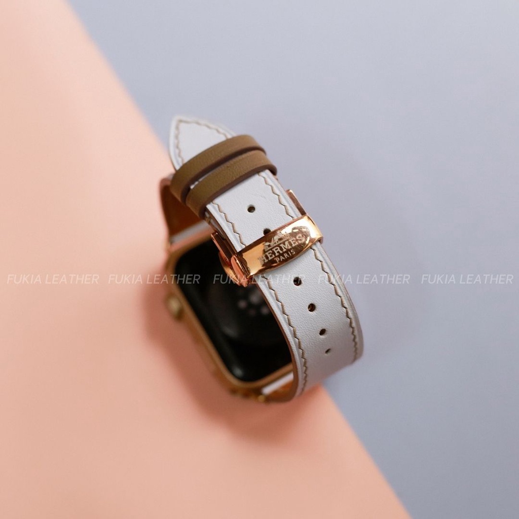 Dây da thủ công Swift trắng xanh mix chỉ nâu tây dành cho Apple Watch, đồng hồ cơ