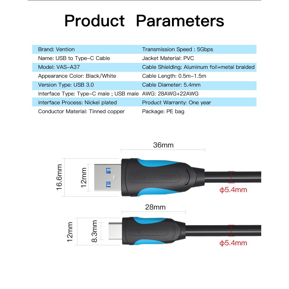 Type C - Cáp Type-C USB 3.0 dài 50cm - Vention VAS-A37