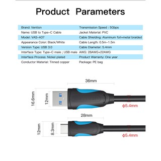 Type C - Cáp Type-C USB 3.0 dài 50cm - Vention VAS-A37