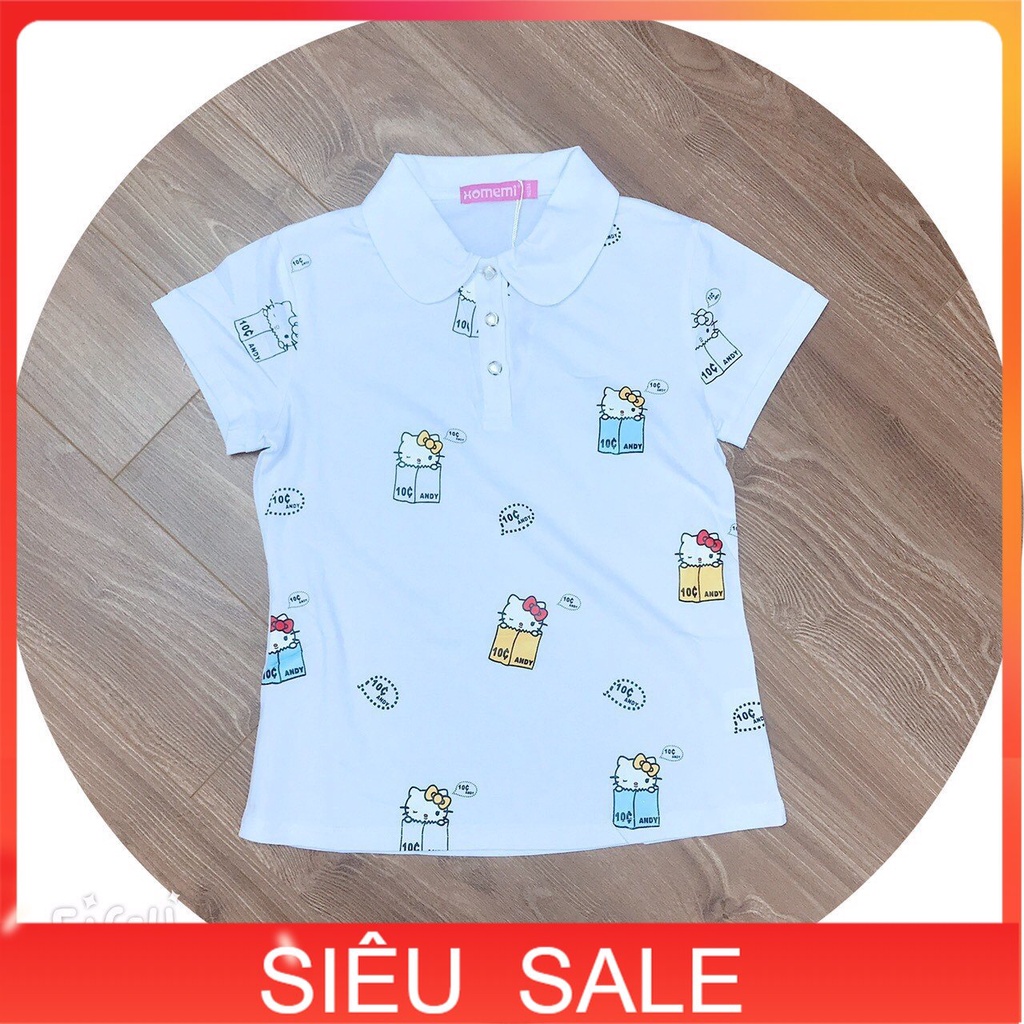 Áo cổ bẻ cho bé gái 8-16 tuổi cộc tay hình Kitty màu trắng, Áo Polo trẻ em vải cotton cao cấp khỏe khoắn thời trang