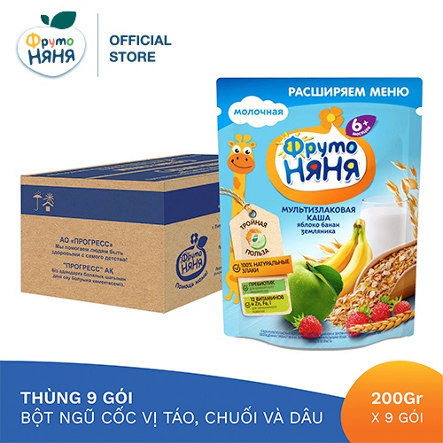 Thùng 9 Gói Bột ngũ cốc vị táo, chuối và dâu Fruto Nyanya 200g/gói