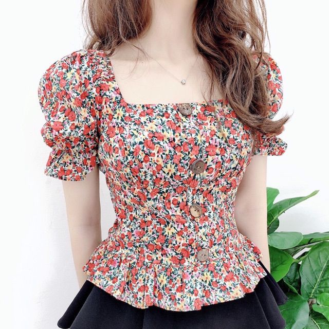 Áo Hoa Nhí Ngắn Tay Cổ Vuông Sang Chảnh Form To Chất Thô Mềm Mát - Y122