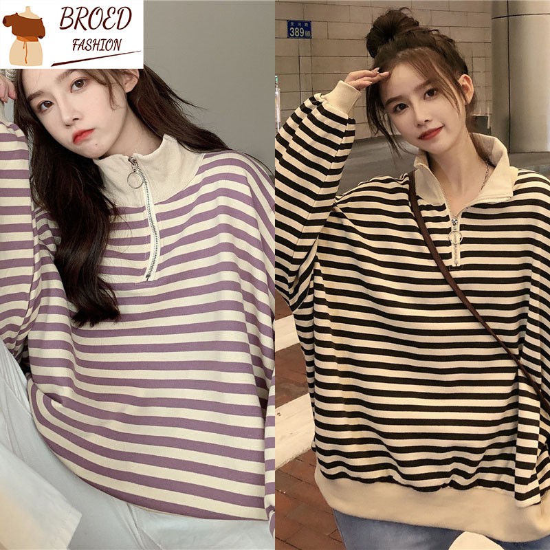 Áo Sweater Vải Cotton Mỏng Dáng Rộng Kẻ Sọc Phối Khóa Kéo Cá Tính