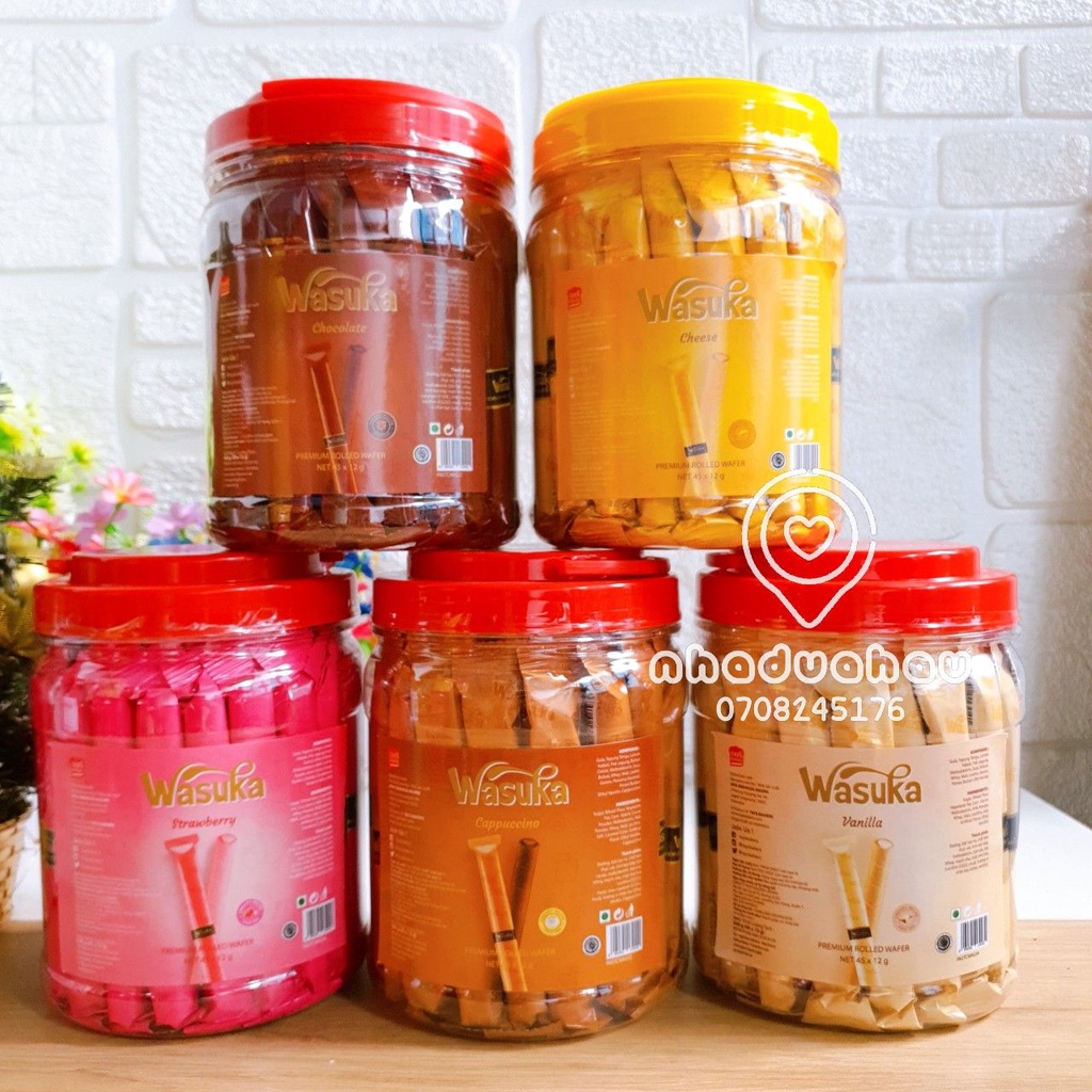 Một xô xách bánh ống quế cuộn điếu siga đủ vị vani/dâu/phomai/socola/capuchino Wasuka Malayssia hộp 45 que x12 gam