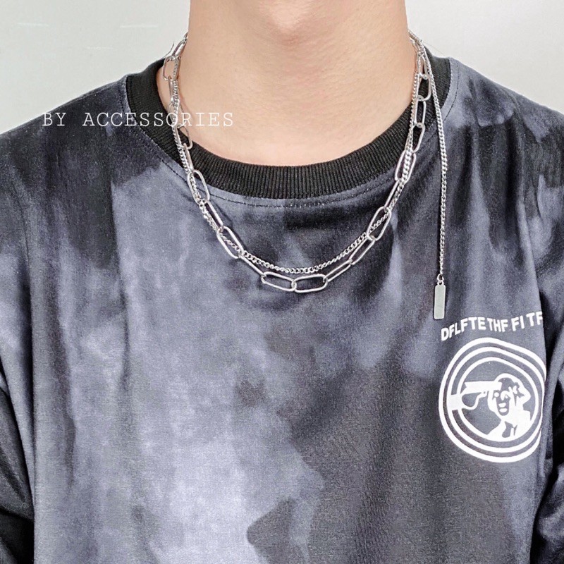 Vòng cổ titan xích kép lồng nhau phối tag thả dài không gỉ