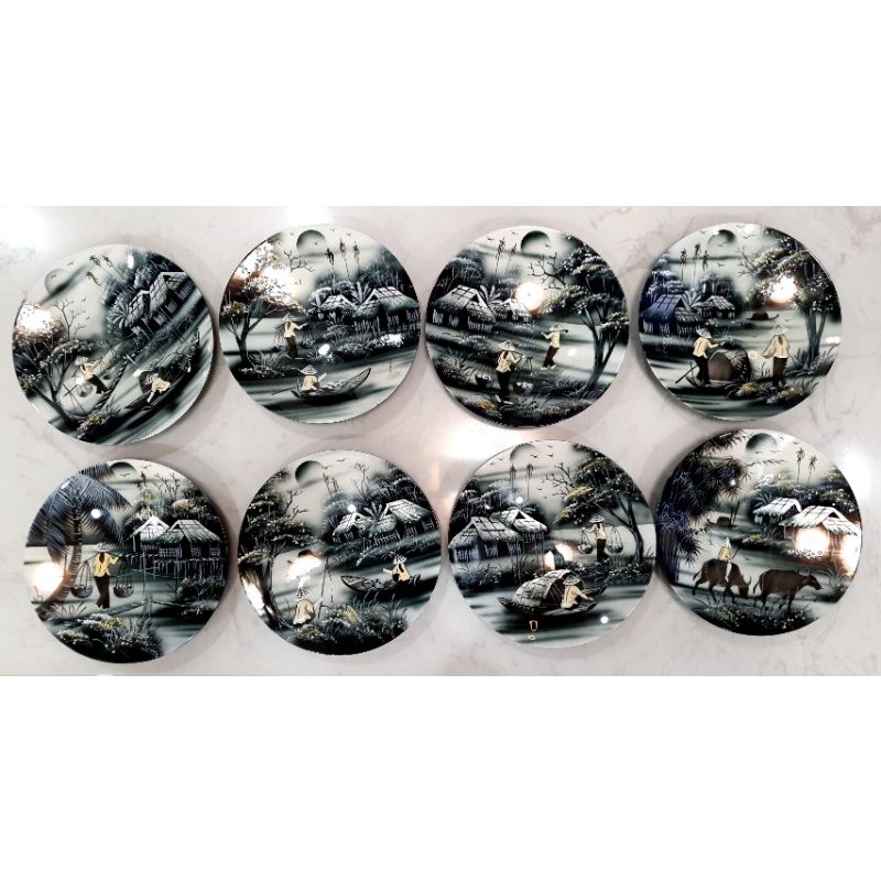 Đĩa sơn mài trắng đen phong cảnh làng quê Việt Nam cực đẹp