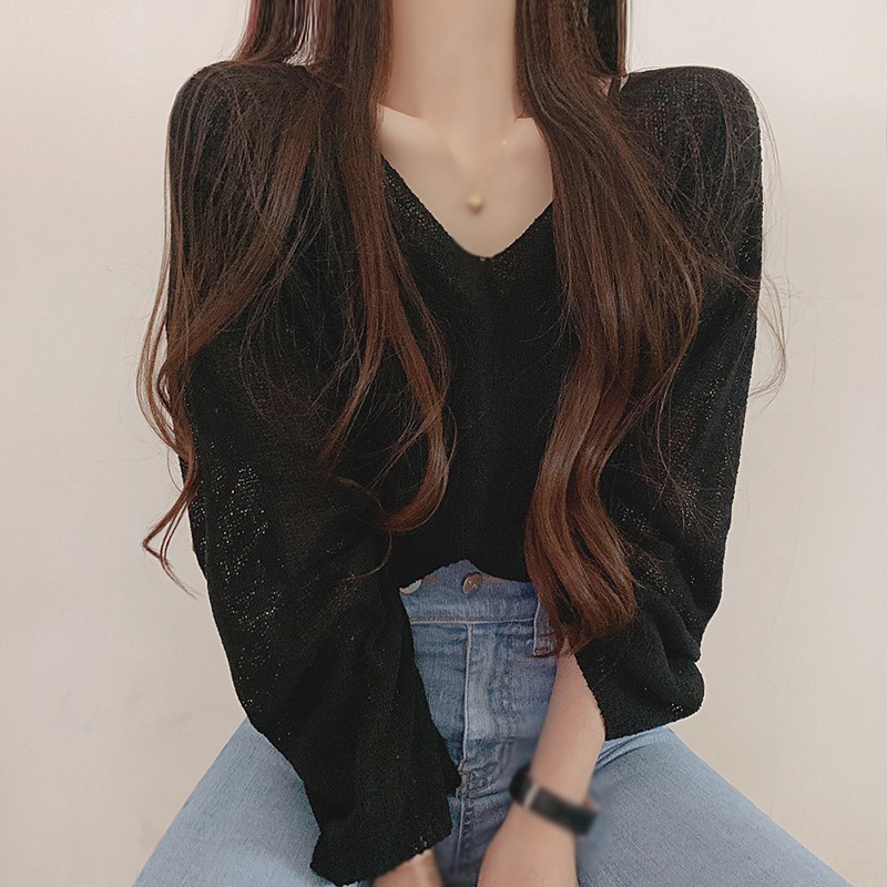 Áo len cổ chữ V dáng rộng tay loe khoét lưng màu trơn thời trang xuân thu cho nữ