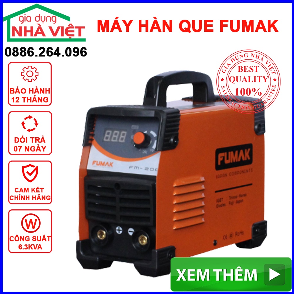 Máy hàn, Máy hàn que Fumak thương hiệu Nhật Bản công suất 6.3 KVA, bảo hành 18 tháng lỗi đổi mới trong 30 ngày, FM-200