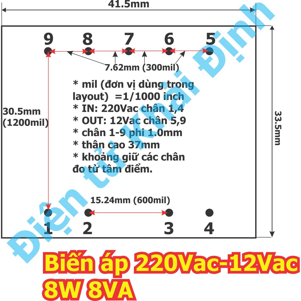 Biến áp cách ly, biến áp thường, biến áp hàn mạch, on board IN: 220Vac OUT: 12V 8W 8VA kde5459