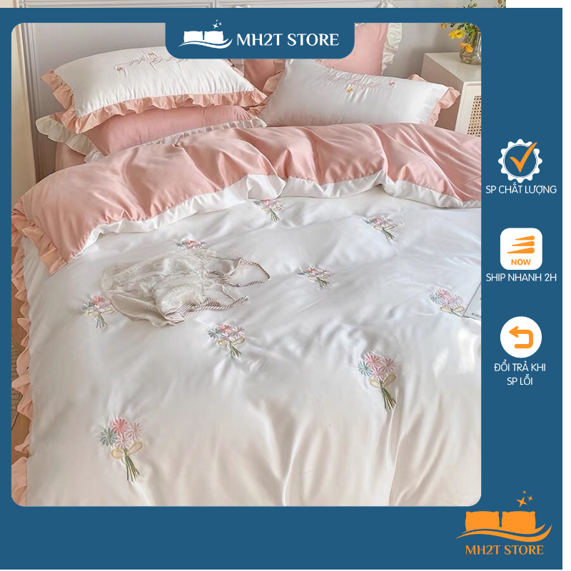 Bộ Chăn Ga Gối Phi Lụa Hoa Cúc Thêu Chăn 4 Món Nhập Khẩu Đủ Bẩy Màu Đơn Sắc Siêu Xịn