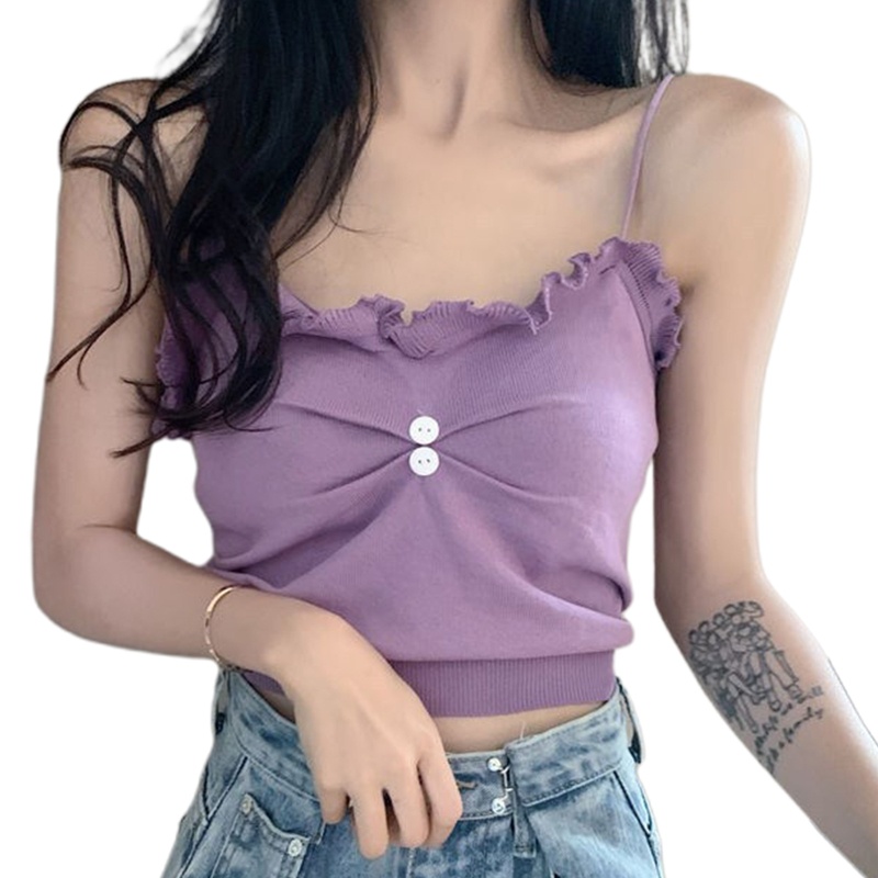 Youyo Áo Croptop Dệt Kim Sát Nách Màu Trơn Dáng Ôm Cài Nút Nhiều Màu Cho Nữ