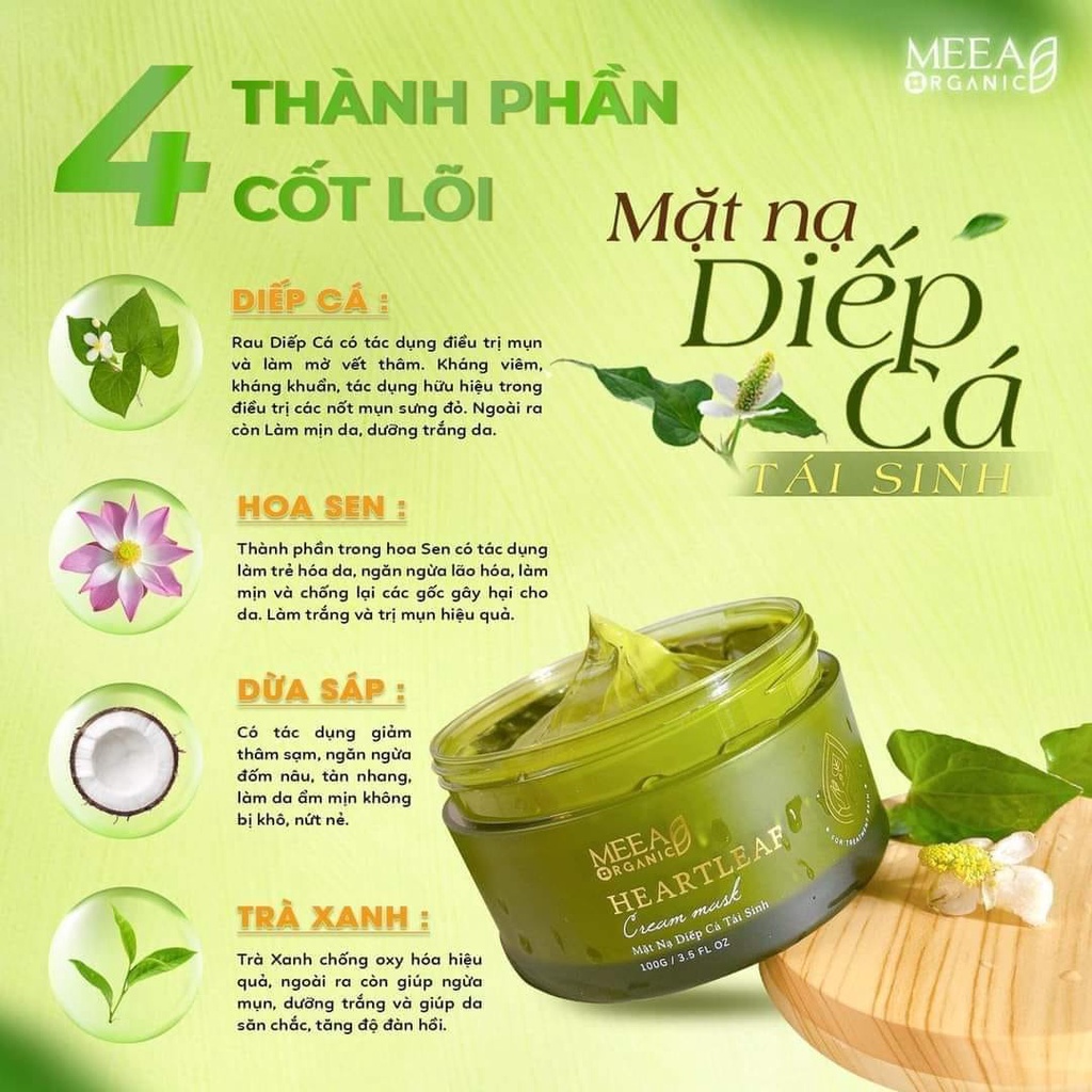 Mặt nạ diếp cá tái sinh Meea Organic, trắng da, giảm thâm, làm dịu, giữ ẩm da 120gr