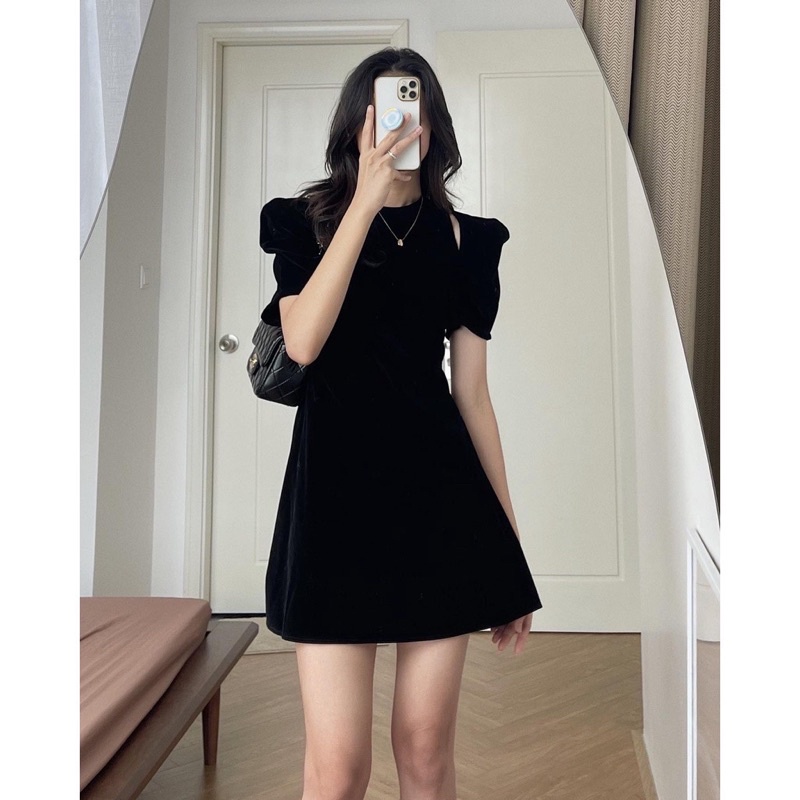 [Ảnh thật] Đầm váy nhung đỏ tay bồng xẻ vai tiểu thư
