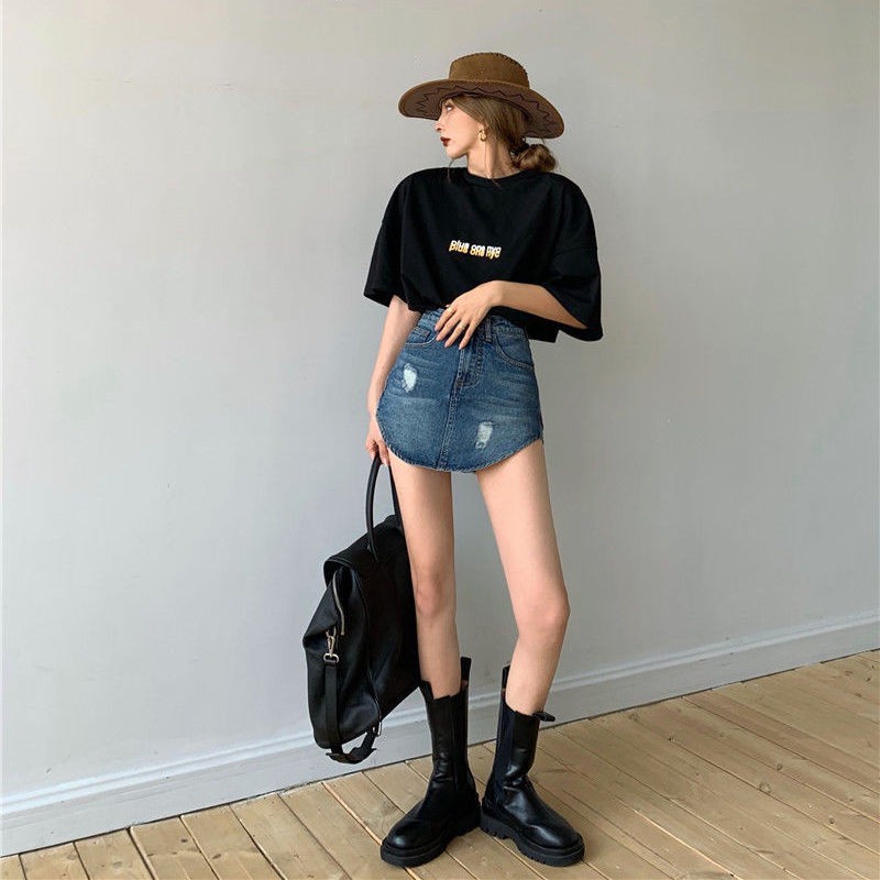 Chân váy denim dài ngang hông lưng cao thời trang mùa hè 2021