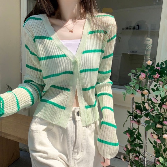 Áo khoác cardigan ZHELIHANGFEI dệt kim tay dài chống nắng họa tiết kẻ sọc thời trang