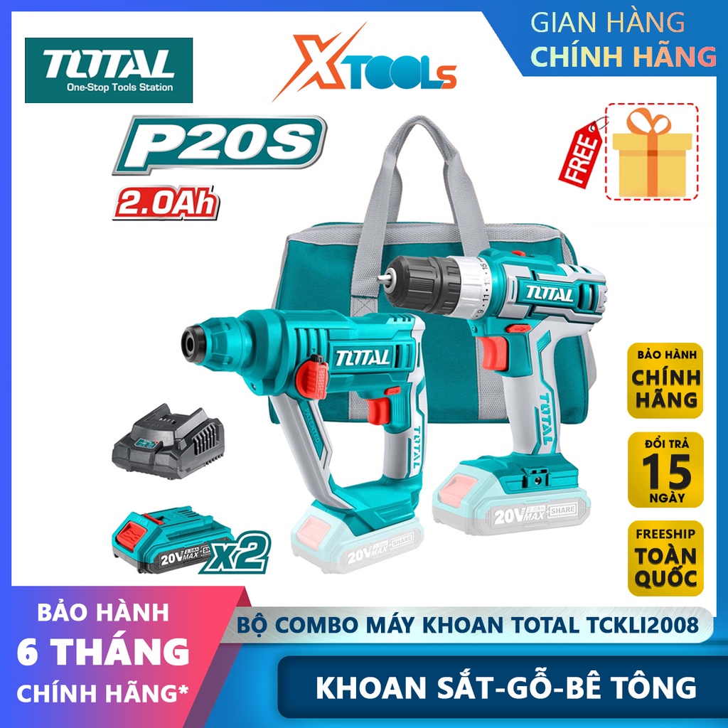 Bộ máy khoan cầm tay TOTAL TCKLI2008 gồm 2 máy khoan pin 20V, kèm 2 pin 2.0Ah 1 sạc, dùng khoan đục gỗ-CHÍNH HÃNG-XTOOLS
