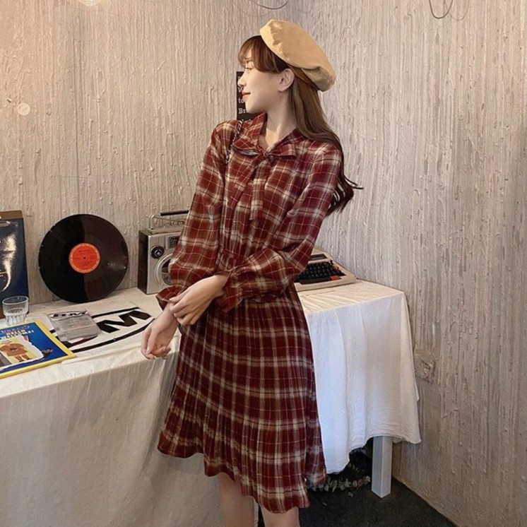Đầm dáng suông kẻ dài tay , đầm dáng suông  họa tiết kẻ sọc ca rô phong cách Hàn Quốc xinh xắn thời trang 2021