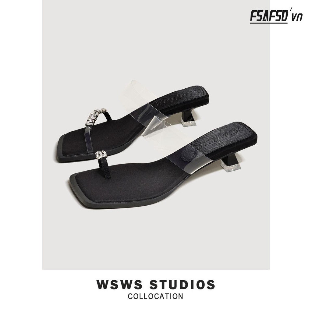 Dép Xỏ Ngón Đế Bằng Mũi Vuông Đính Đá Thời Trang Dành Cho Nữ