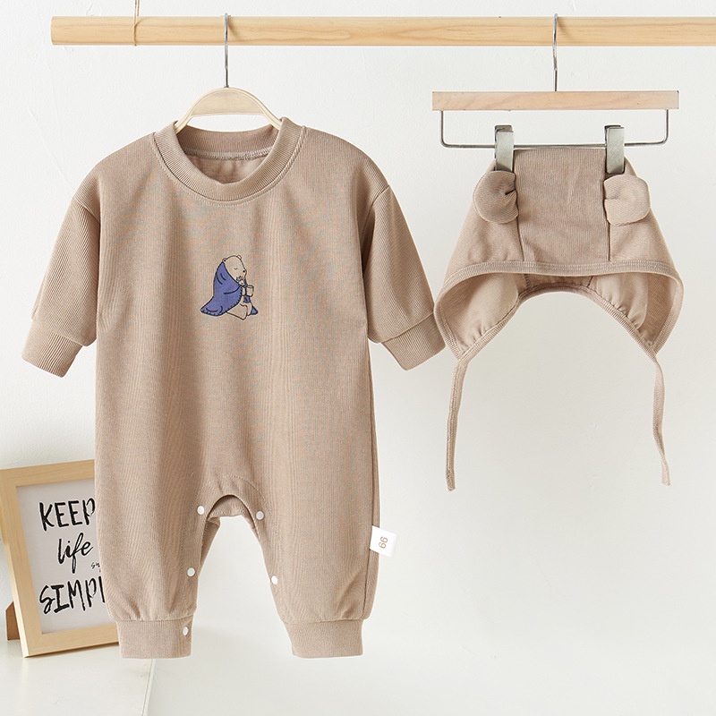 Bộ Áo Liền Quần Bằng Vải Cotton In Hoạt Hình Gấu Kèm Nón Thời Trang Mùa Thu Cho Bé Sơ Sinh
