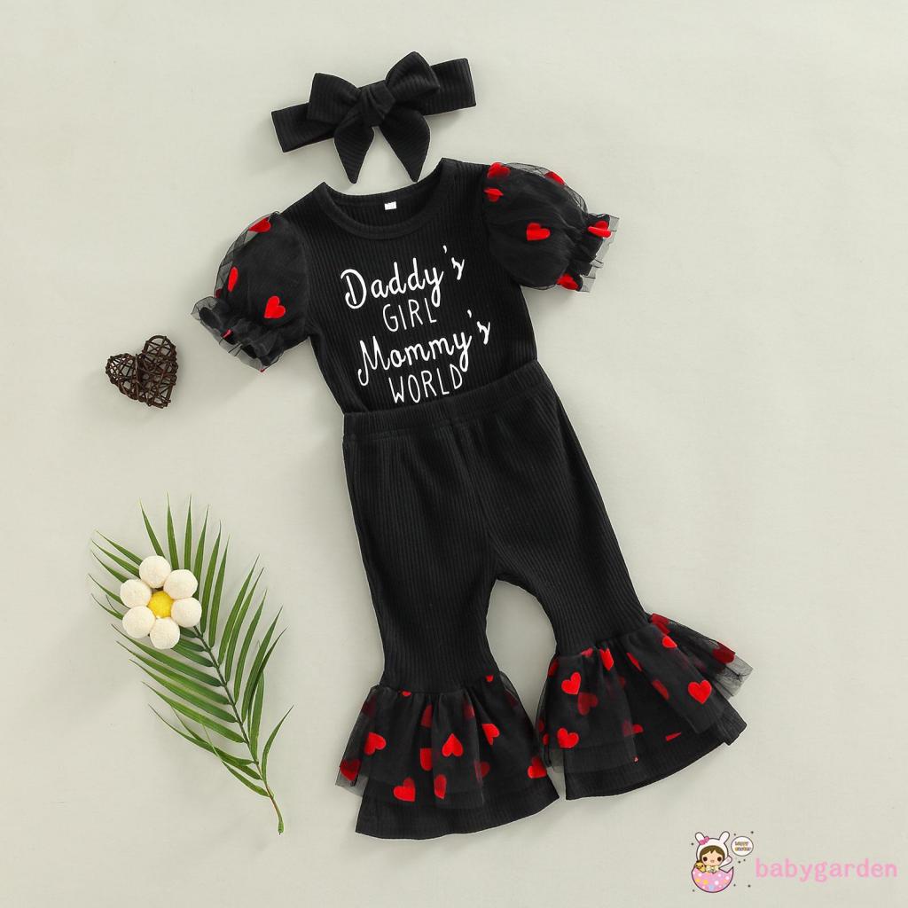 Bộ Áo Liền Quần Tay Ngắn In Chữ + Quần Ống Loe Lưới + Băng Đô Nơ Dành Cho Bé Gái 0-24 Tháng Tuổi