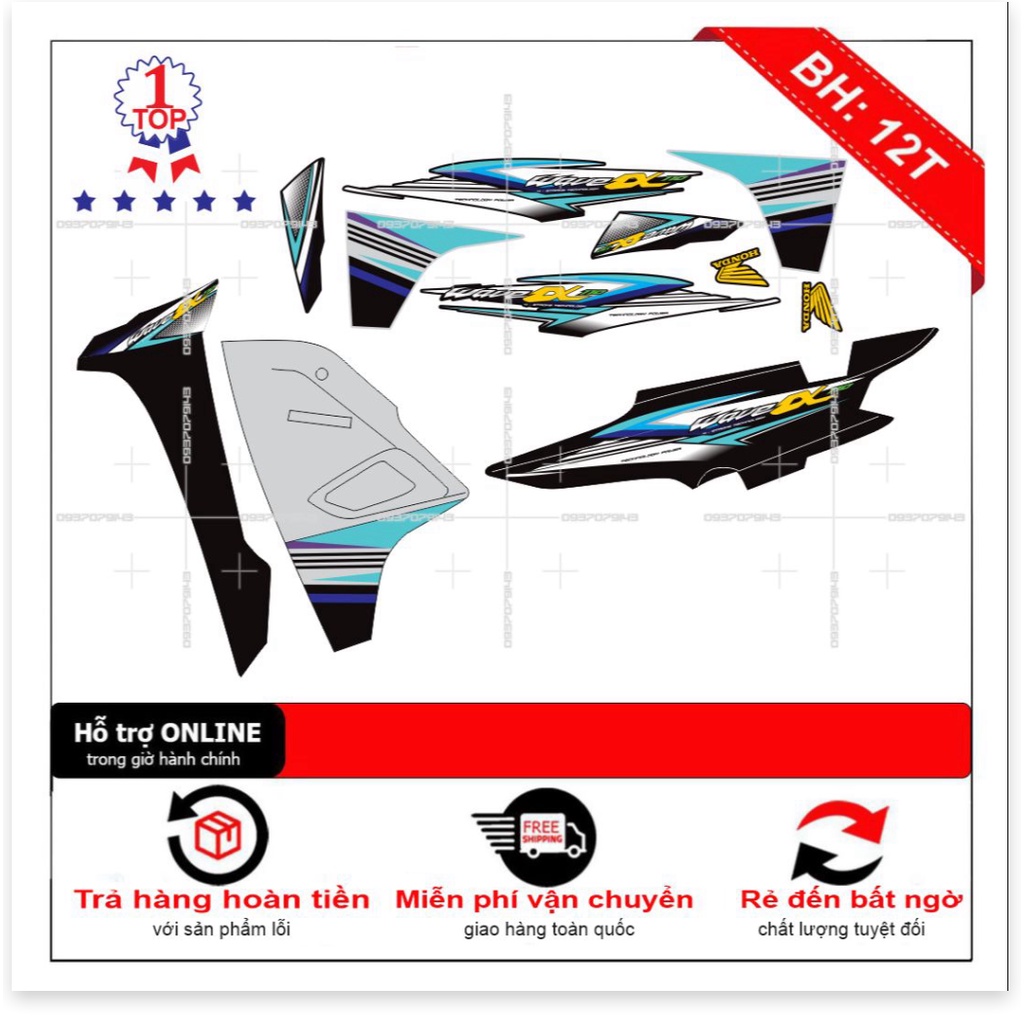 ( Quí khách vui lòng mang ra tiệm cho thợ dán ) Tem wave a 2017 xanh đen