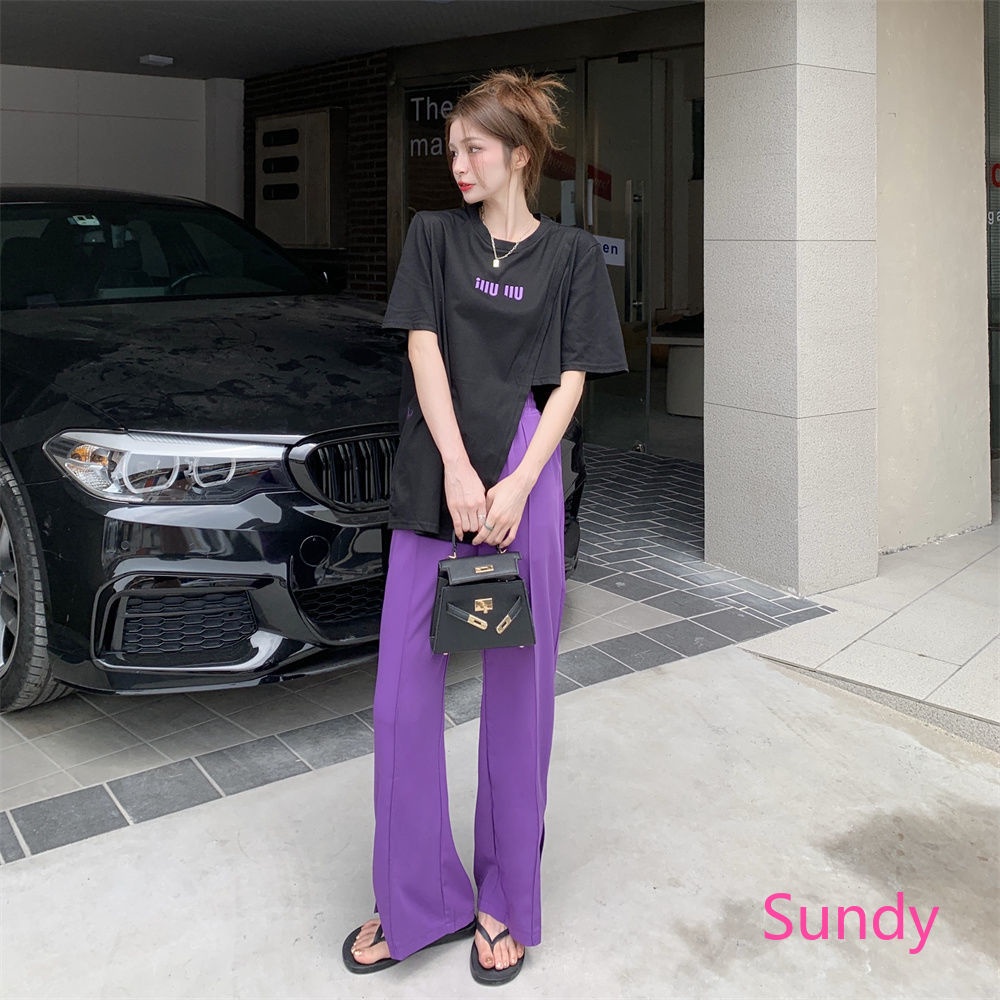 Set Áo Thun Đen Ngắn Tay + Quần Dài Xẻ Tà Thời Trang Nữ