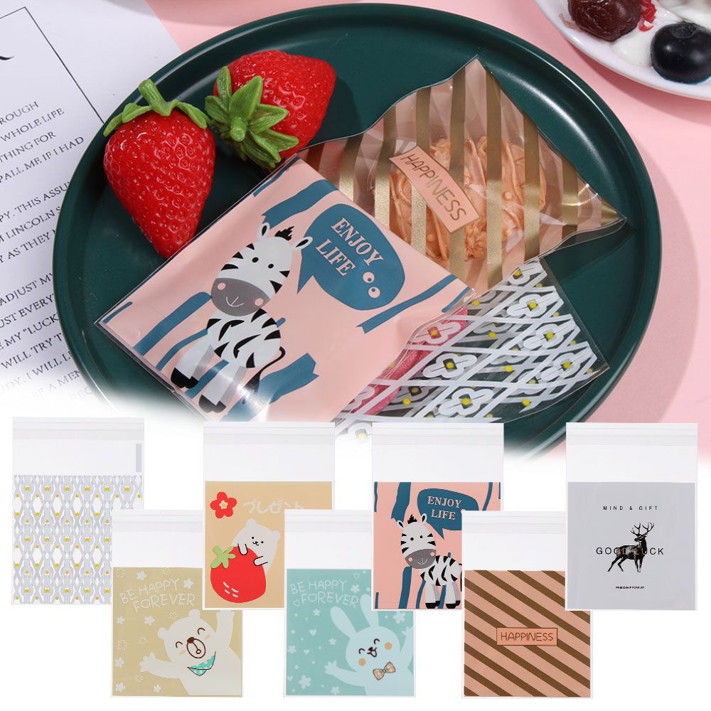 Set 100 túi đựng bánh quy/ kẹo in họa tiết hoạt hình 7 x 7+3cm DIY