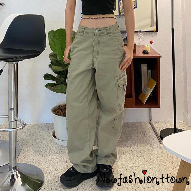 Quần jeans nữ màu trơn rộng cạp vừa nhiều túi