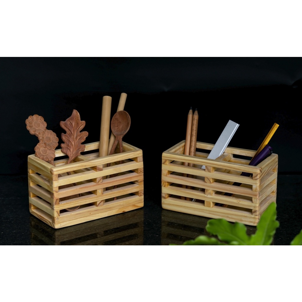 Đồ cắm bút, cắm muỗng đũa, cắm bàn chải đánh răng 2 ngăn bằng gỗ