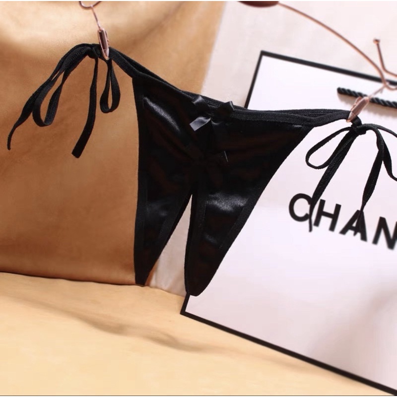 NEW BEST SELLER - QD016 (ảnh thật)-  Quần chip cột dây lụa viền đen nơ   - quần lót sexy xẻ đáy - KELLY WANG