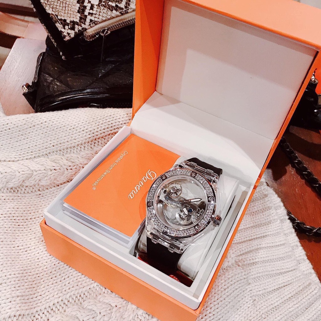 Đồng Hồ Davena Nam Automatic D31592 Mặt Lộ Máy Trong Suốt Dây Silicon Đen 42mm Silver Chính Hãng