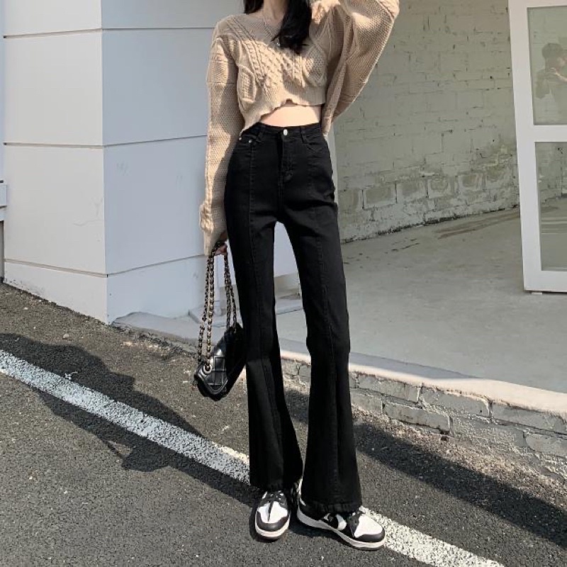 Urihouse - Quần jeans đen ống loe cạp cao chất co giãn siêu tôn dáng hack chân