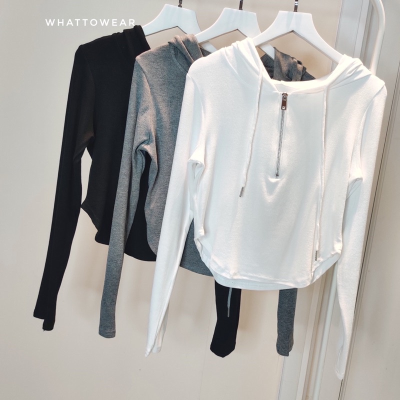 Áo hoodie croptop thun mịn vạt bầu nửa khoá kéo dài tay