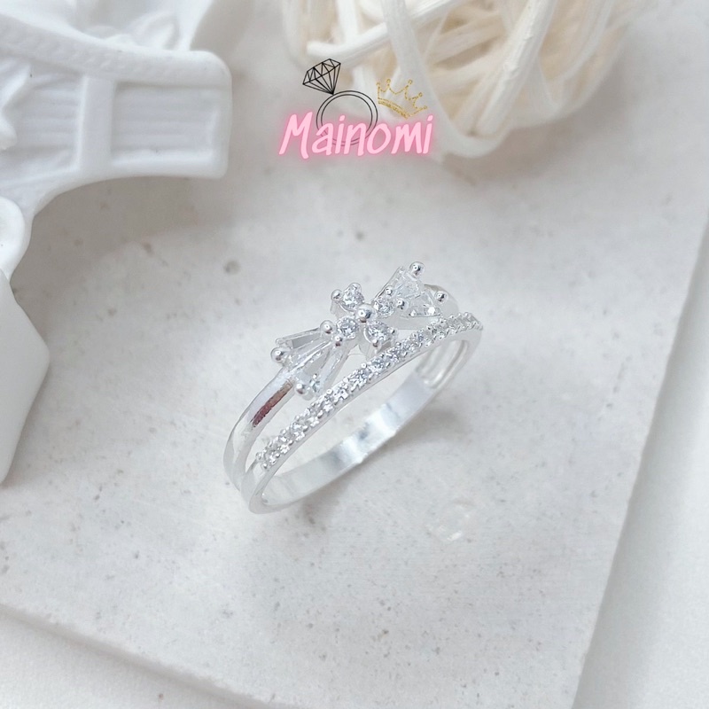 Nhẫn nữ hình nơ kép MAINOMI mã kèm quà tặng, xinh xắn chuẩn bạc thiết kế độc đáo
