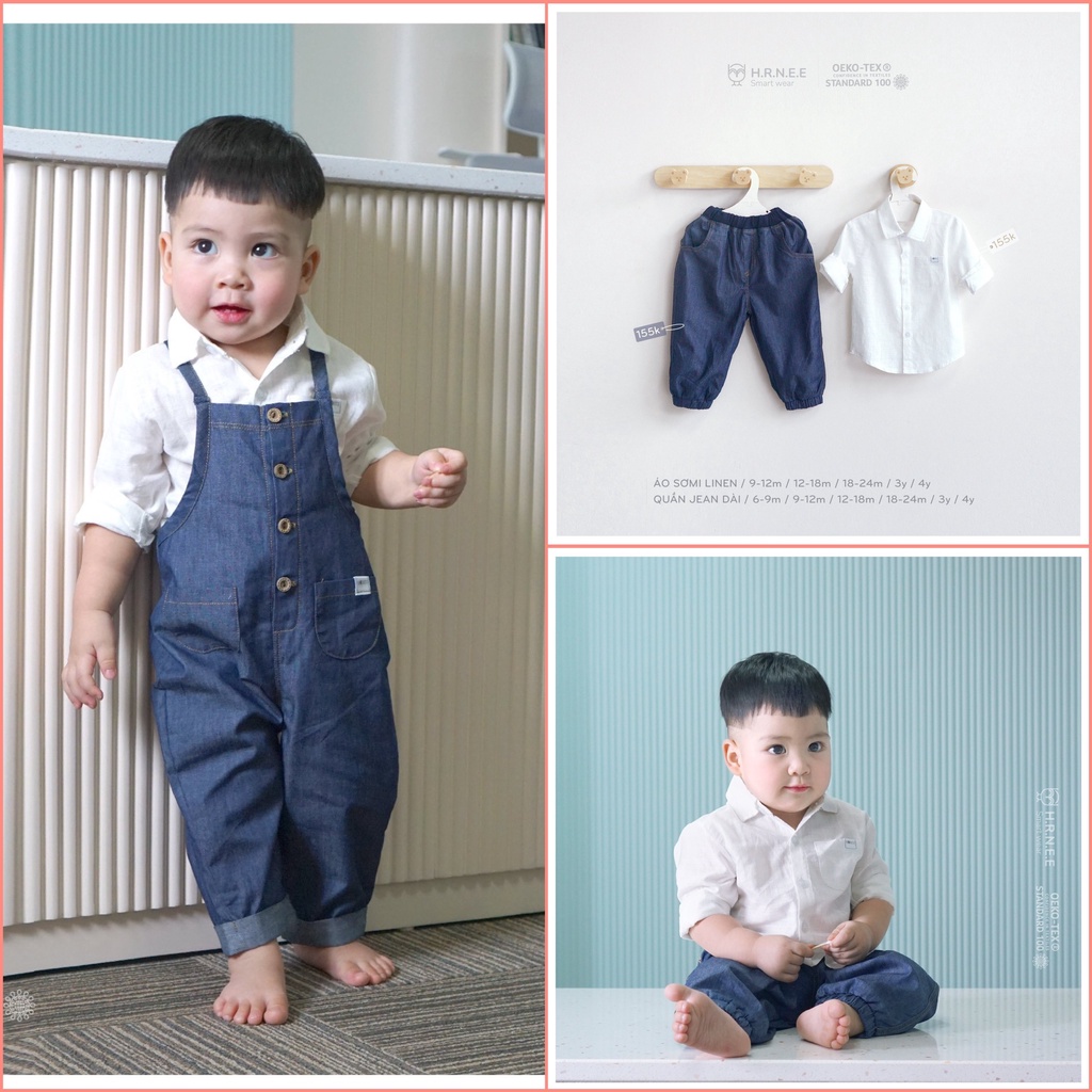 Set áo sơ mi, quần jean, yếm jean dài Bé Trai dài Tay Hrnee cao cấp thời trang cho bé