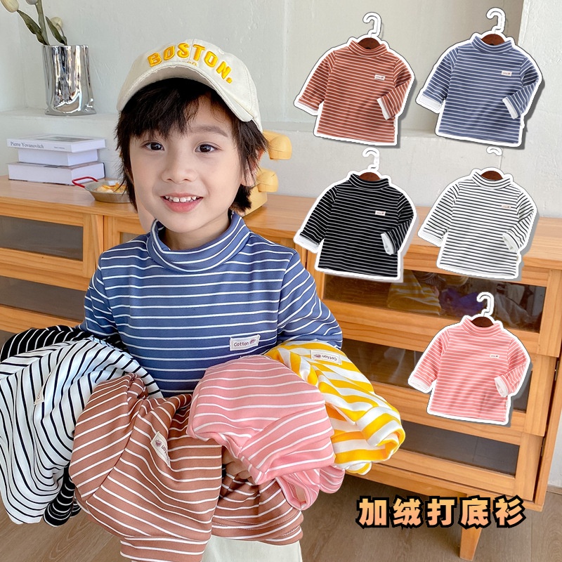 Áo thun tay dài cổ cao họa tiết kẻ sọc thời trang thu đông cho bé cao từ