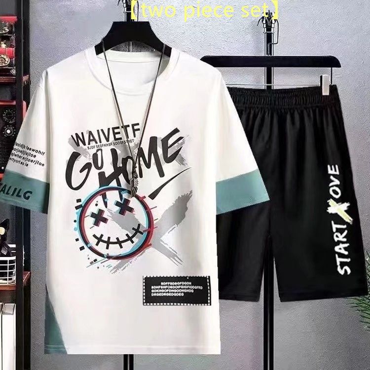 Bộ Đồ Thể Thao Áo Thun Cổ Thuyền + Quần Dài In Họa Tiết Phong Cách Hip Hop Đường Phố Hàn Quốc Thời Trang Mùa Hè Cho Nam Cỡ M-5XL