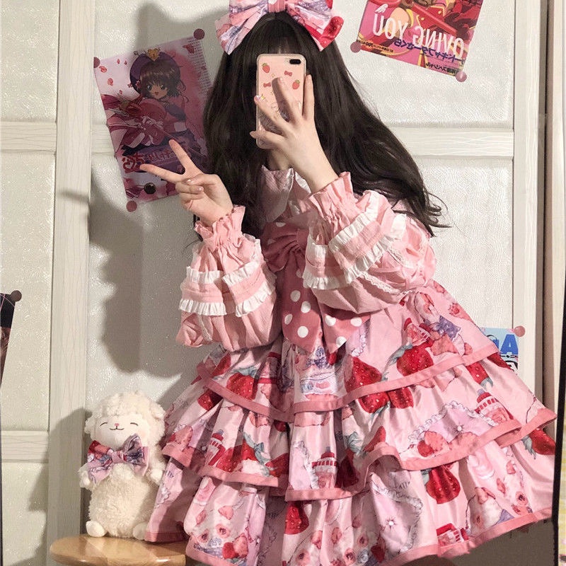 Đầm lolita Hai Dây Đính Nơ Họa Tiết Quả Dâu Thắt Nơ Dễ Thương