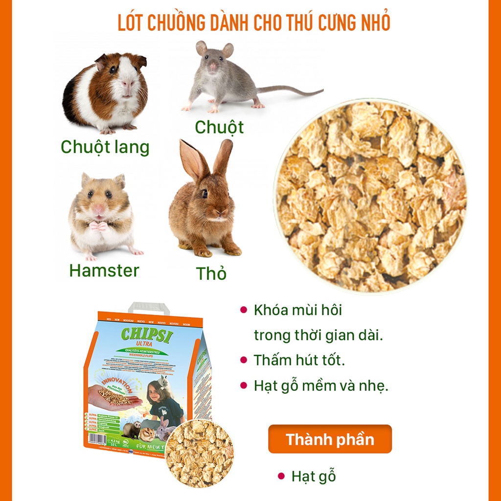 Cát gỗ vệ sinh hữu cơ cho thú nhỏ Chipsi Ultra | 4.3kg  | Thấm hút chất lỏng và mùi hôi | Không bụi