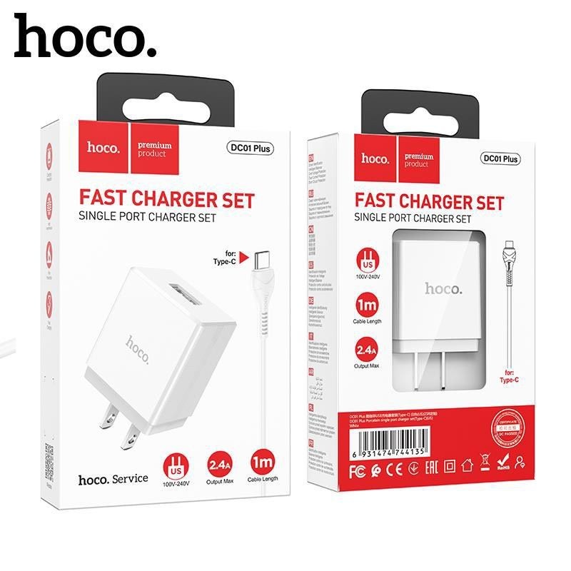 Bộ sạc Hoco DC01 Plus chân cắm dẹt sạc nhanh 2.4A kèm dây sạc Type-C dài 1M
